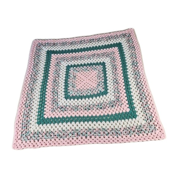 Vintage Afghan Granny Concentric Square Throw Blanket Green Pink White 50"x48" - Picture 2 of 9